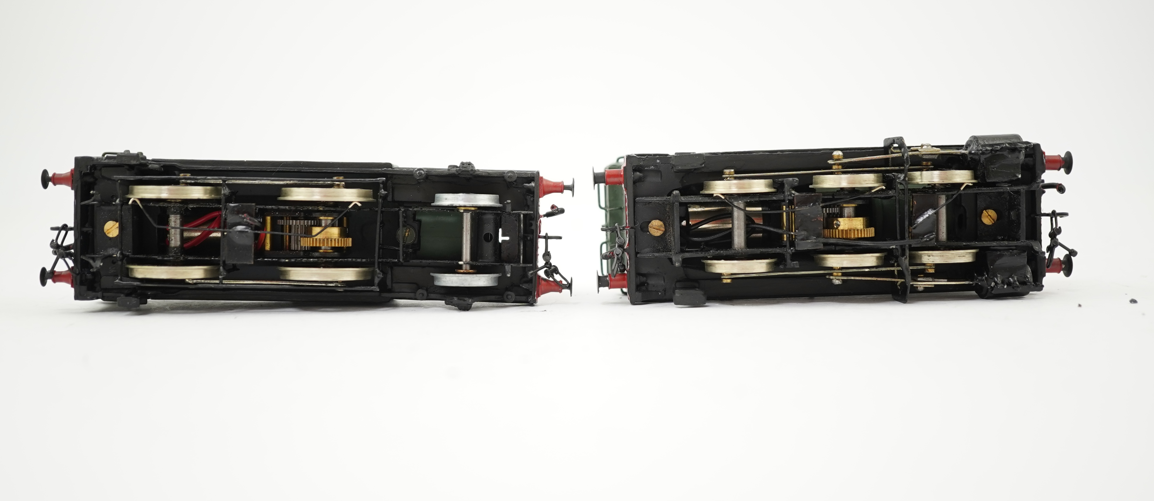 Two 00 gauge brass and white metal kit built GWR tank locomotives; a 1400 class 2-4-0T, 1458, together with an 1366 class 0-6-0PT, 1366, constructed, painted and lined to a high standard, both motored for two rail operat
